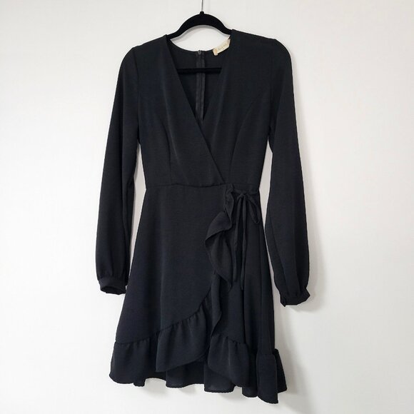 Altar’d State Faux Wrap Style Mini Dress Black Ruffled V-Neck - Picture 3 of 9